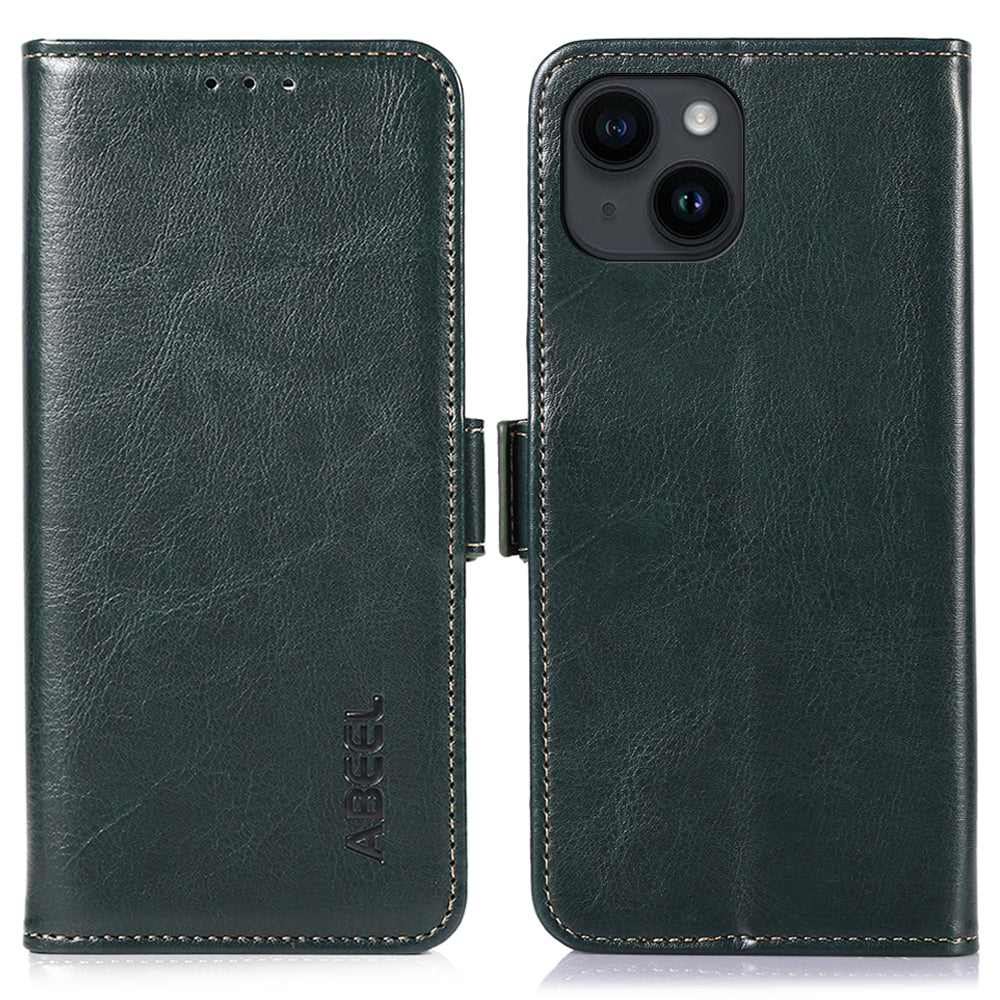 ABEEL pro iPhone 14 Plus PU kožené pouzdro Crazy Horse Texture Flip Stand Kryt na peněženku ABEEL pro iPhone 14 Plus PU kožené pouzdro Crazy Horse Texture Flip Stand Kryt na peněženku